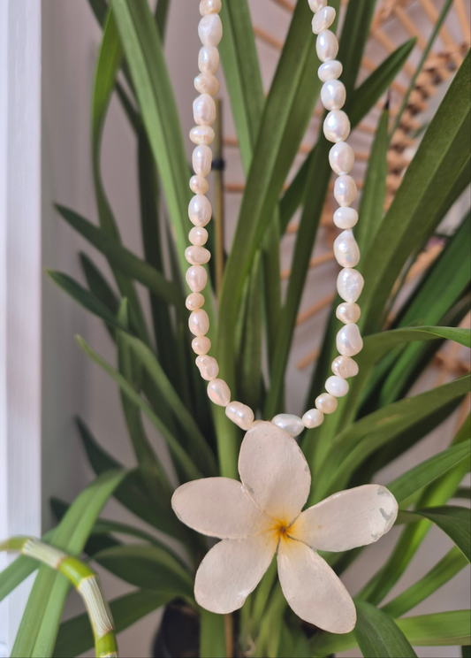 Colgante de perlas y plumeria