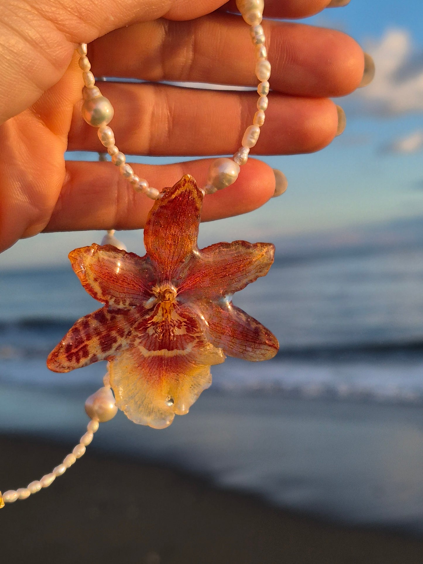 Collar de perlas y orquidea Cambria