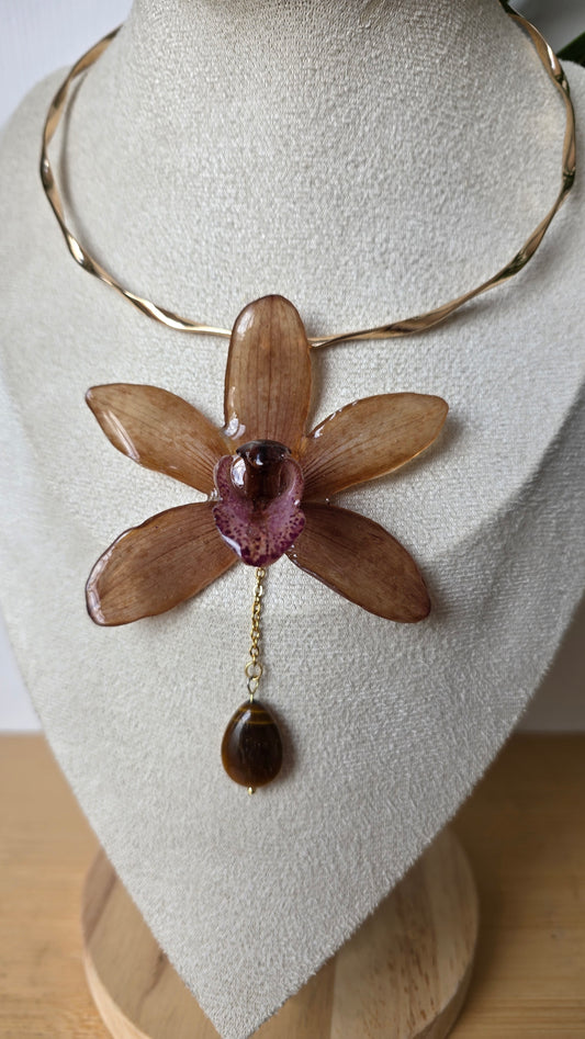Choker orquidea Cymbidium y Ojo de tigre