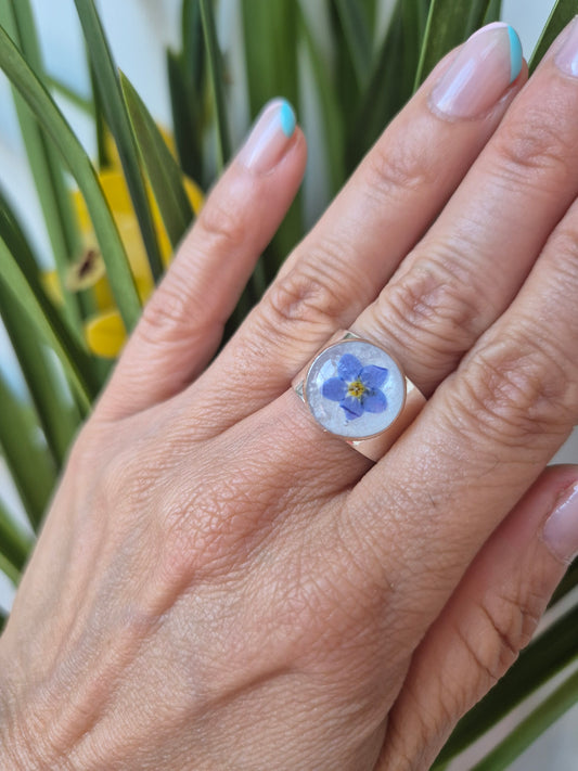 Anillo con flor azul siempre viva