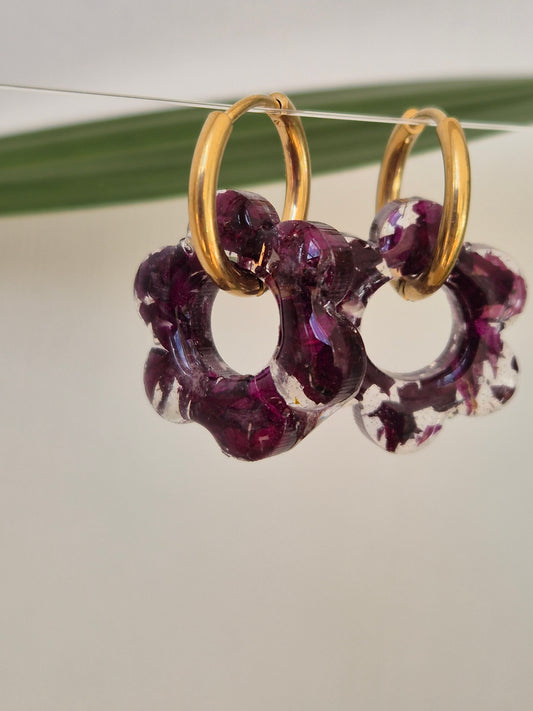 Pendientes Charm flor burdeos
