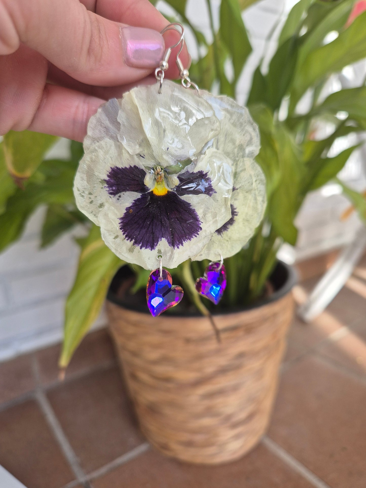 Pendientes  de Pensamientos blanco y morado
