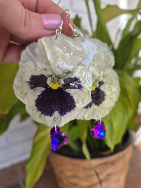 Pendientes  de Pensamientos blanco y morado