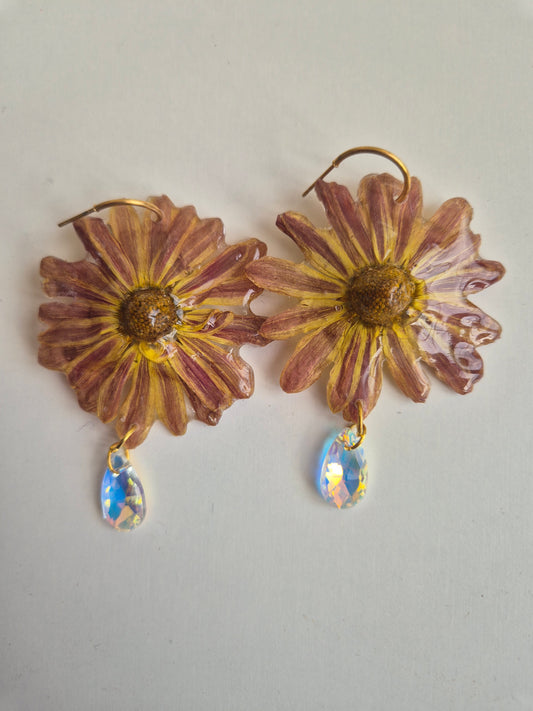 Pendientes  de Margaritas amarillo y marrón