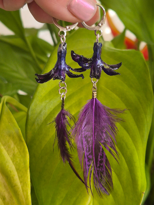 Pendientes Jacinto azul-morado  y pluma