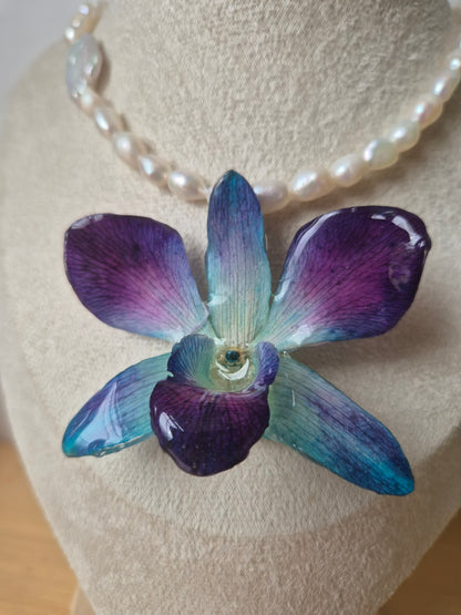 Collar de perlas y orquídea Dendrobium azúl