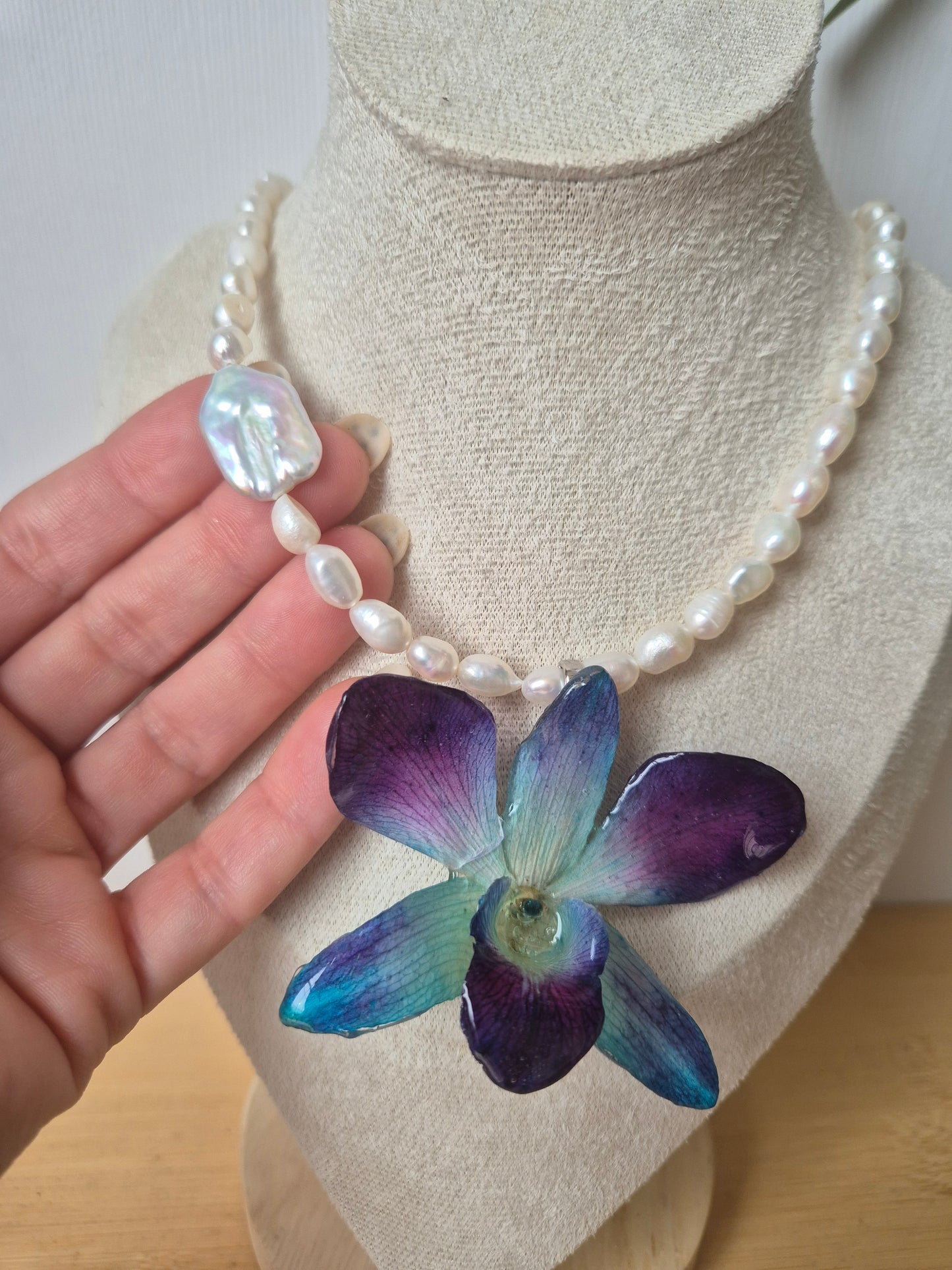 Collar de perlas y orquídea Dendrobium azúl