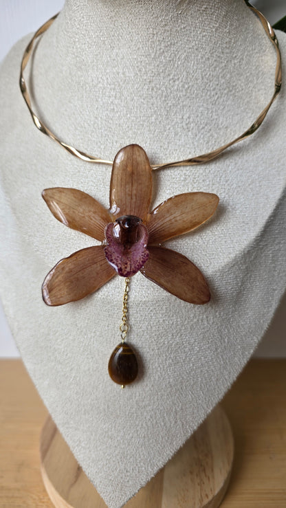 Choker orquidea Cymbidium y Ojo de tigre