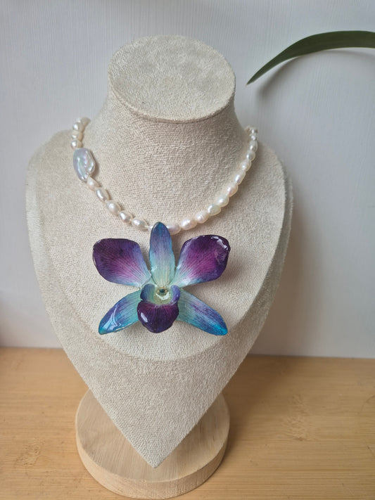 Collar de perlas y orquídea Dendrobium azúl