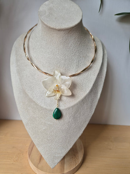 Choker orquidea Phalaenopsis y Malaquita.